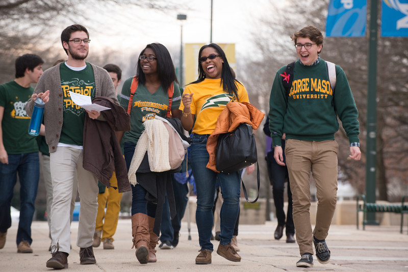 Patriot leaders walking outside on the Fairfax Campus. Photo by Evan Cantwell/Creative Services/George Mason University